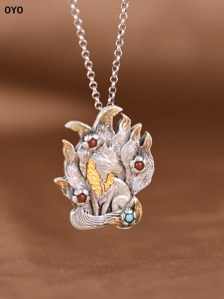 

S925 silver pendant, vintage and simple silver fox pendant with gold plating, nine-tailed fox silver fox necklace pendant for me