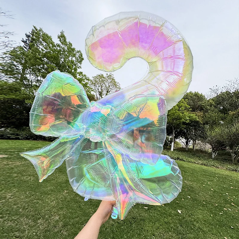 

Cute Holographic Iridescent Bow Number Foil Mylar Balloons 0-9 Digit Kids Birthday Wedding Anniversary Party Decor Photo Props