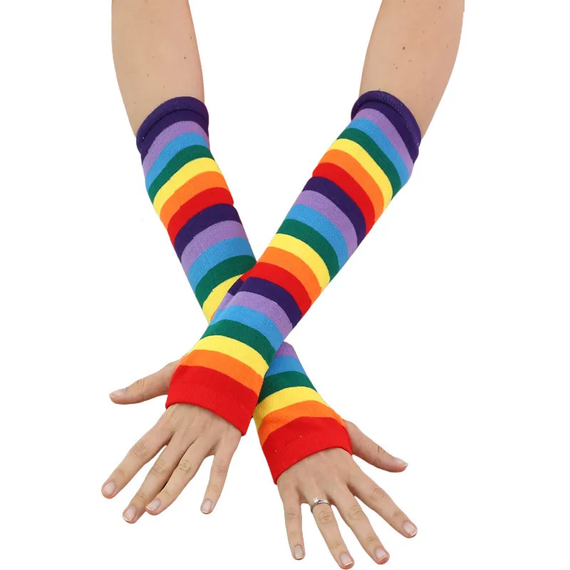 

Cosplay Cotton Rainbow Gloves With Thumb Hole 35cm Long Sun Protection Stage Performance Handwear