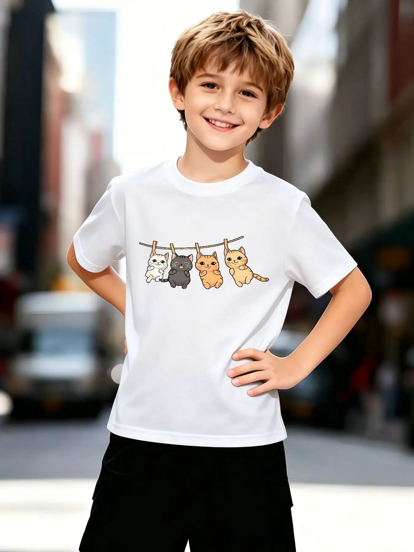 Kids Adorable Four Kittens Hanging On Rope Graphic Tee Boys Girls Family Matching Short Sleeve Cute Pet Casual Daily T Shirt