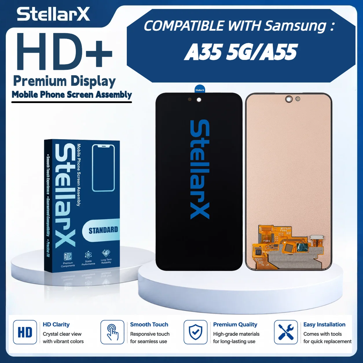 StellarX HD+ High Resolution Display Screen Replacement for Samsung A35 5G A55 LCD Assembly Without Frame with free tools