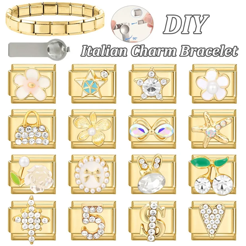 Shiny Zircon Rose Starfish Bag Bow Heart Cherry Star Gold Color Italian Charm Links Fit 9MM Stainless Steel Bracelet DIY Making