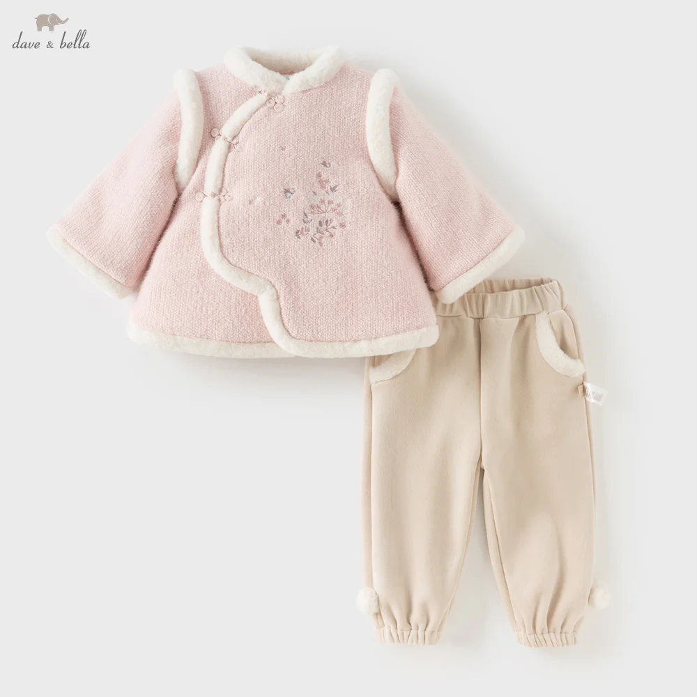 Dave Bella Children's Pantsuits Autumn Winter Girls Plush Top Pants Two Piece Set Outerwear Long Sleeves Kids Clothing DB4254353