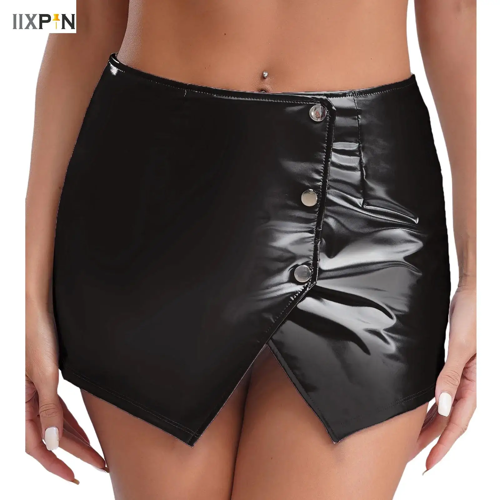 

Skinny Holographic Metallic Mini Skirts Women Solid Slim Fit Bodycon Pencil Skirts Summer Dance Party Sexy Festival Clubwear