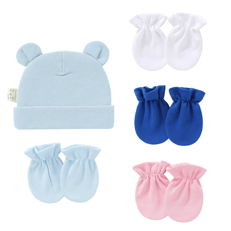 Newborn Birth Set Baby Hat+Gloves Soft Baby Nightcap With Ears Spring Summer Hat Gloves Kit Prevent Scratching Skin Infant Stuff