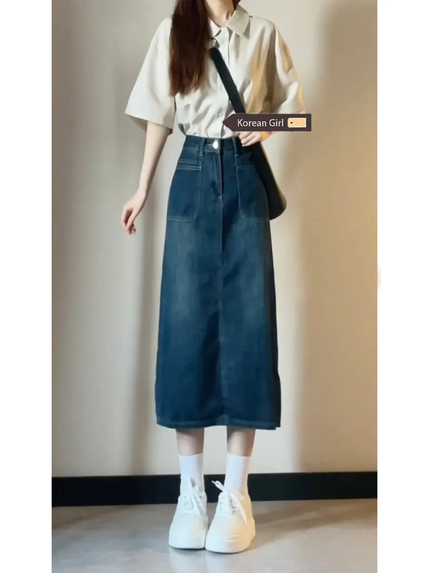 Retro High Waist A-Line Midi Skirt for Women Summer 2026 Denim Split  Dress Casual Daily Wear Non-Stretch Fabric