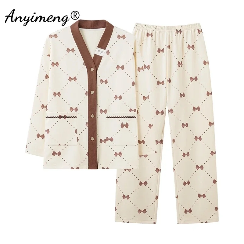 Autumn Winter Kimono Women Pajamas Cotton Long Sleeves Long Pants Home Wear Casual Pijamas Japanese V-neck Woman Sleepwear