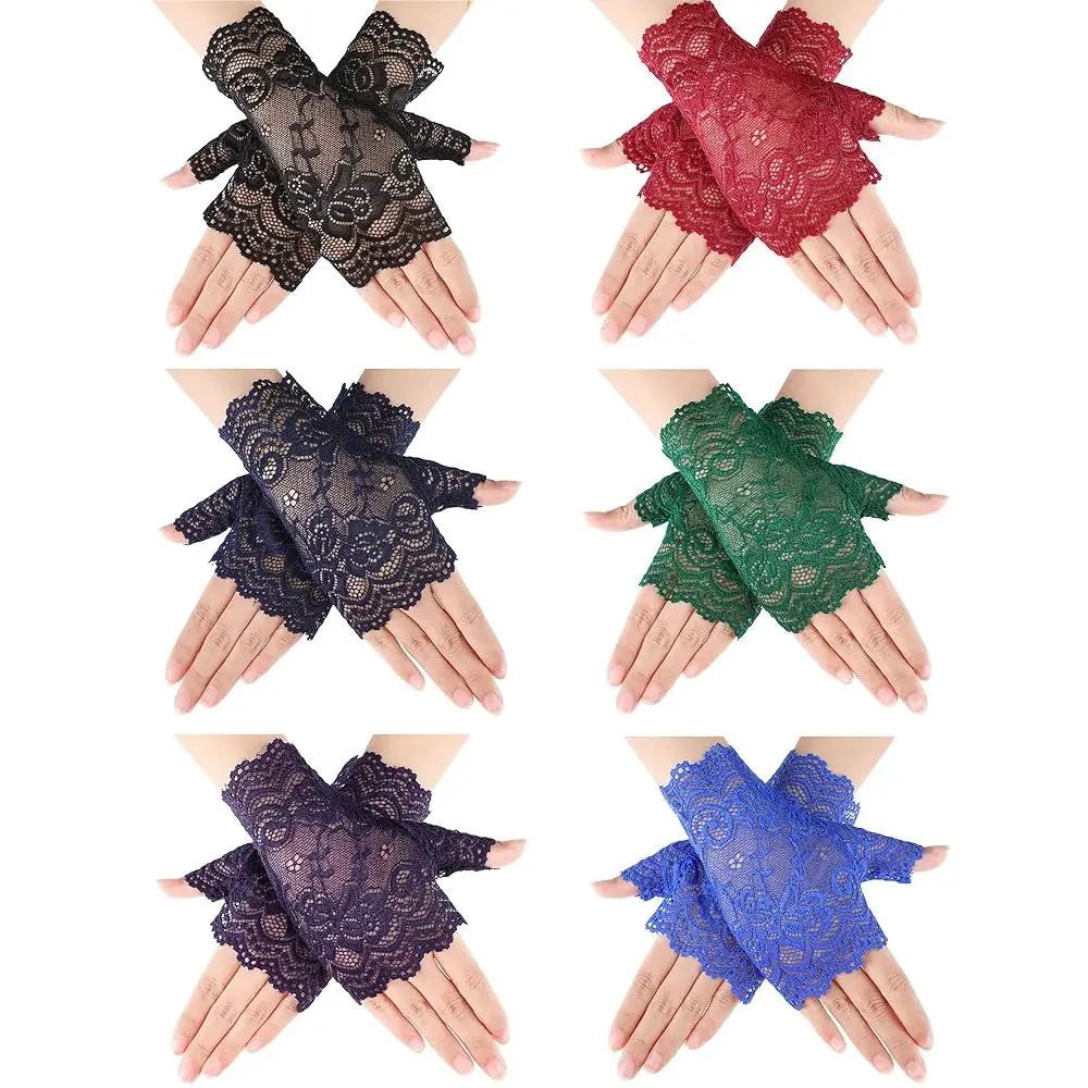 

6 пар женских кружевных перчаток без пальцев с цветочным узором, короткие перчатки без пальцев для свадьбы, оперы, чаепития