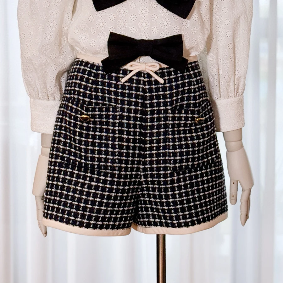 

NIGO Women's Summer Vintage Wool Tweed Checkered Solid Color Bow-Tie Drawstring Casual Mid-Rise Shorts #hz1124