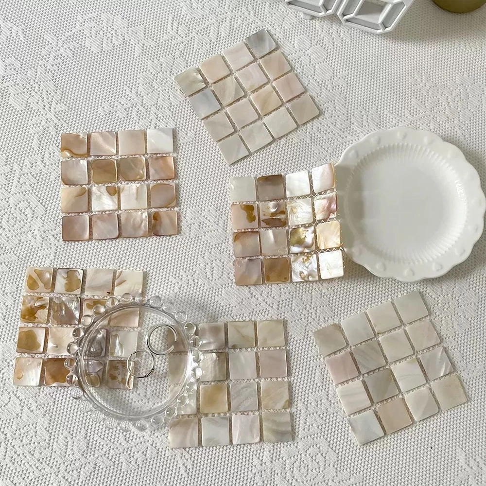 INS Korean Style Natural Conch Shell Square Coaster Mosaic Insulated Coaster Photography Props Room Decoration