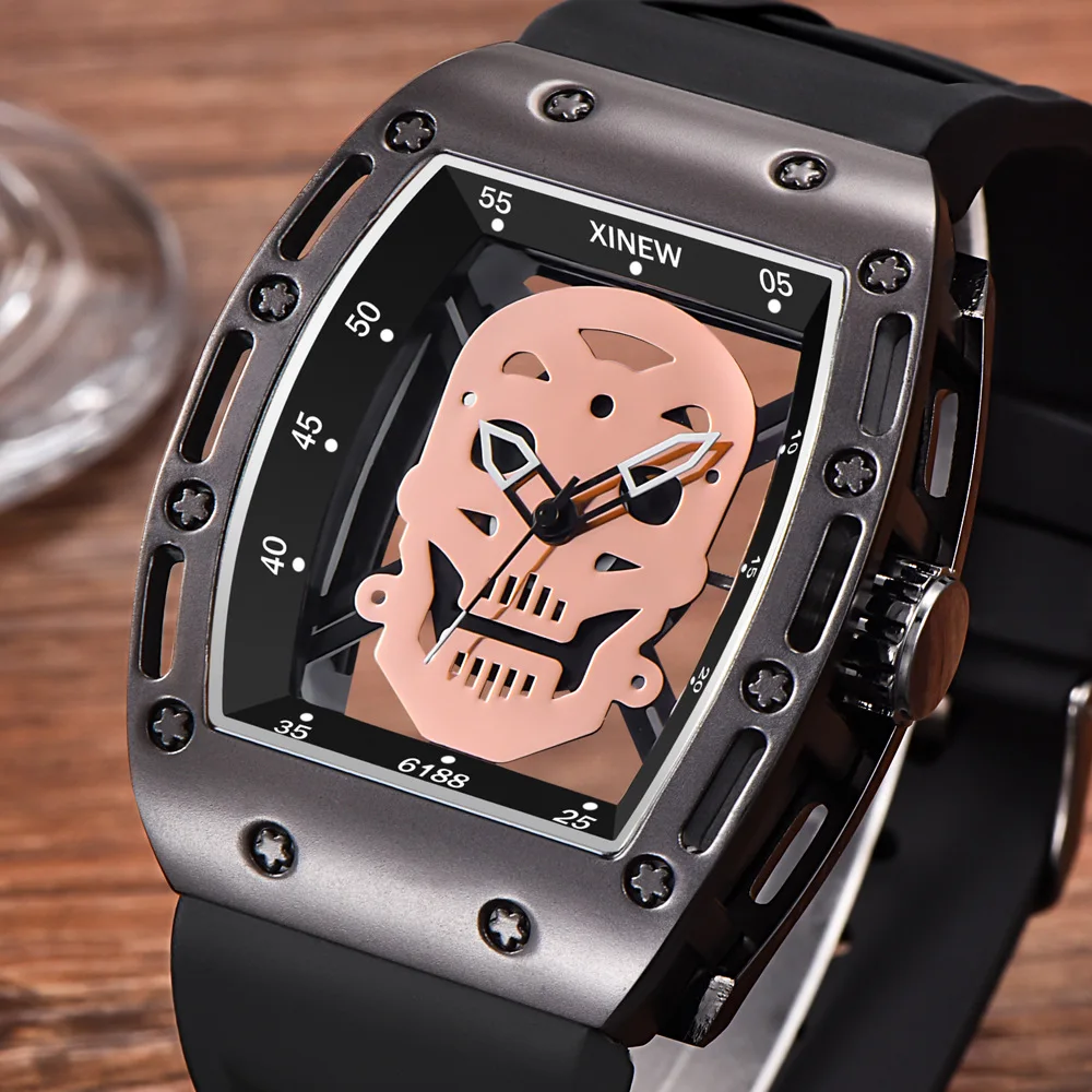 Relogio Masculino Watch Men Skull Hollow Watches Unique Skeleton Rubber Strap Tonneau Quartz Wristwatch Male Clock Drop Shipping