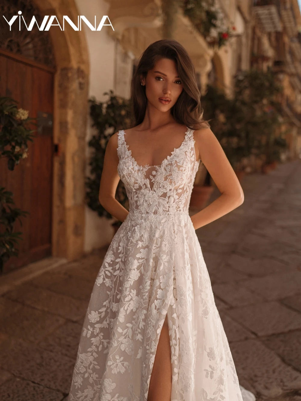 

Charming Beaded Lace Appliques Long Wedding Dress Sexy Deep V-neck Open Back Bridal Gown Customized Graceful Dresses For Bride