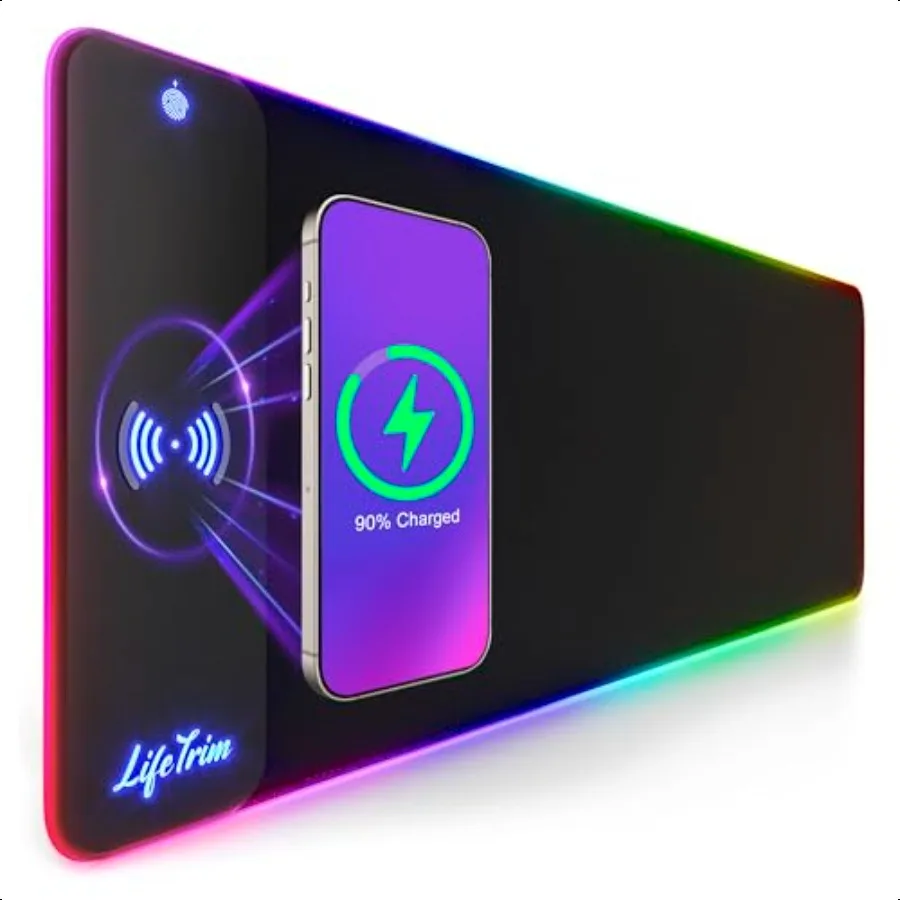 

Беспроводное зарядное устройство, светодиодный коврик для мыши, 35,5 x 12 дюймов, игровой коврик для мыши RGB, 10 режимов освещения, толщина 4 мм, большой коврик для игрового стола, беспроводная зарядка Co