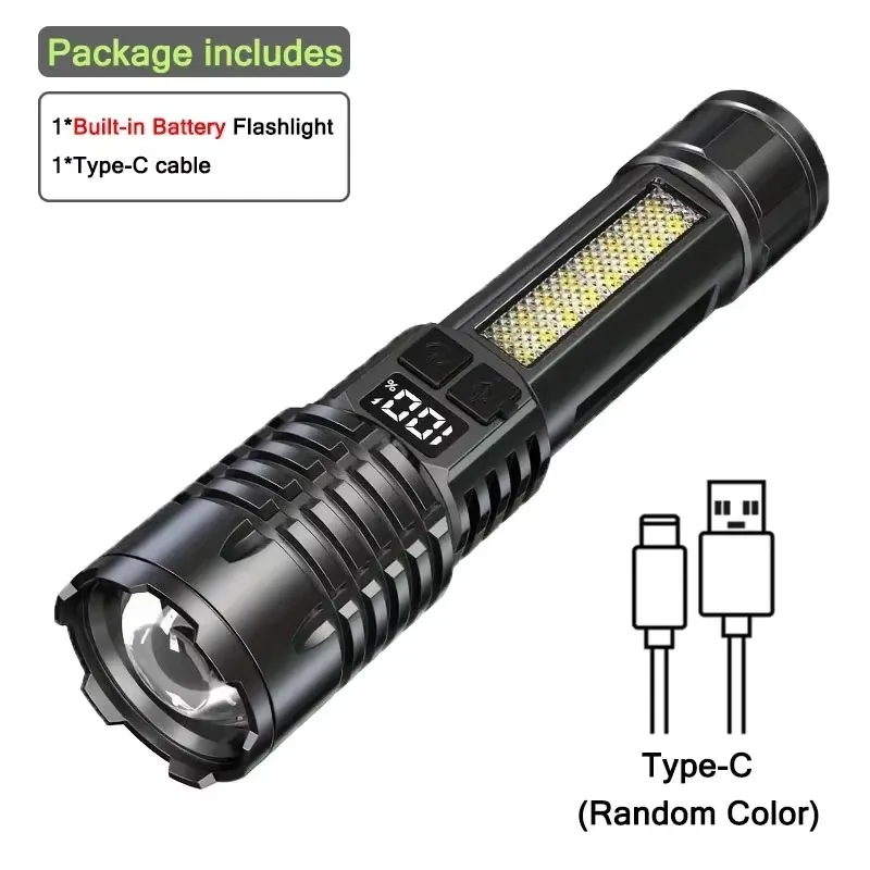 High Power LED Flashlight Powerful TYPE-C Rechargeable COB Flashlight With Side Light Torch For Outdoor Camping Hiking, image 8