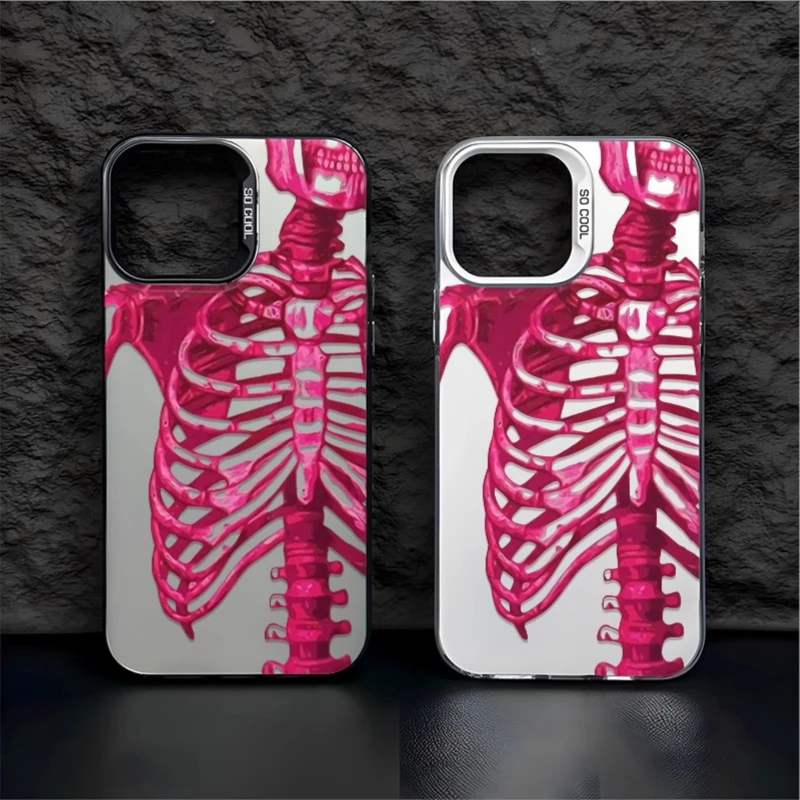 

Phone Case for iPhone 16 15 Pro 14 13 Pro Max 12 11 Plus Shockproof Camera Protective Soft Frame Hard Back Phone Case Pink Skull