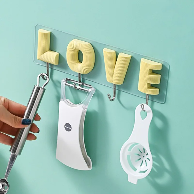 4PCS Cute Hook Strong Viscosity Cartoon LOVE shape Hooks Plastic Punch-Free Key Hook Door Dormitory Available Lovely Decoration