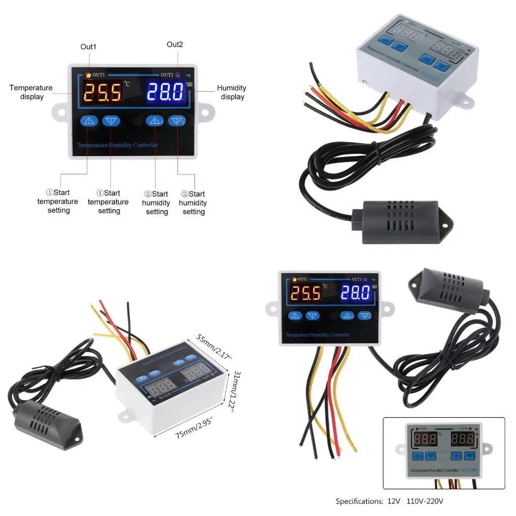 R9UF جهاز التحكم بدرجة الحرارة والرطوبة 12 فولت 24 فولت 110-220 فولت مستشعر درجة الحرارة والرطوبة التحقيق المزدوج ترموستات وحدة #1