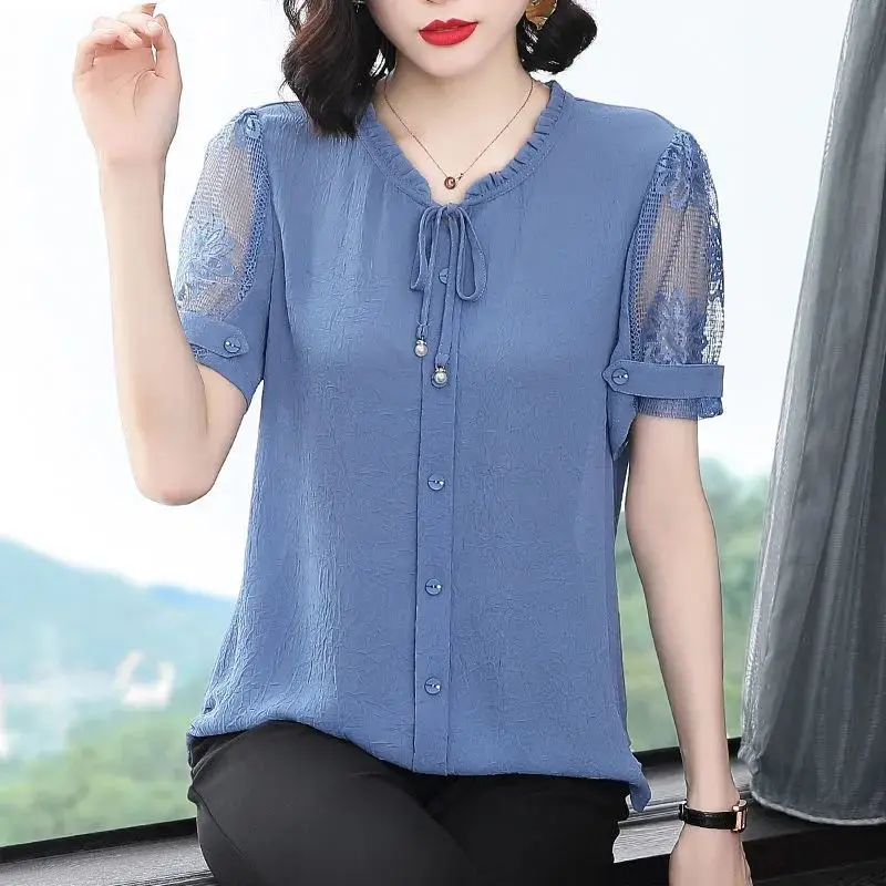 Elegant Bow Buttons Lace Patchwork Solid Chiffon Shirt Summer 2023 New O-Neck Short Sleeve Loose Blouse Women Oversized Clothing