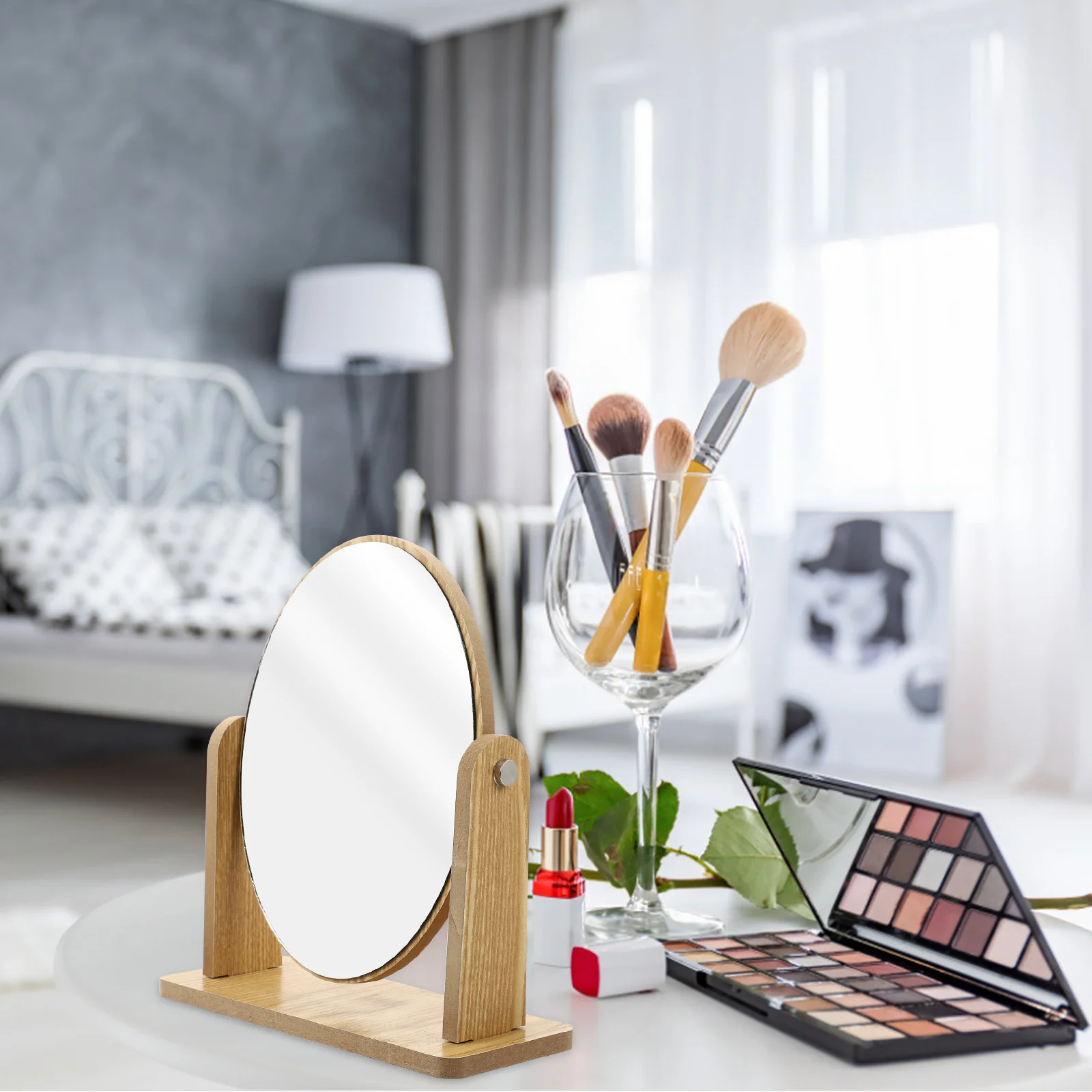 Wooden Swivel Tabletop Vanity For Bathroom Bedroom Dresser, Oval Desk Mirror For Women, Wood Makeup Mirror, Tabletop Wood