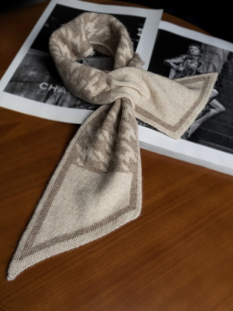 Women 35% Cashmere Houndstooth Knit Keyhole Scarf Color Matching Bow Neck Warmer Stripes Winter Ring Collar Wool Accessories