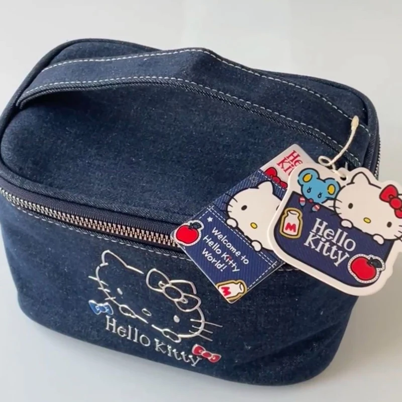 

Kawaii Denim Embroidery Hello Kitty Cosmetic Storage Bag Cute Cartoon Bow Hello Kitty Storage Bag Portable Birthday Gift