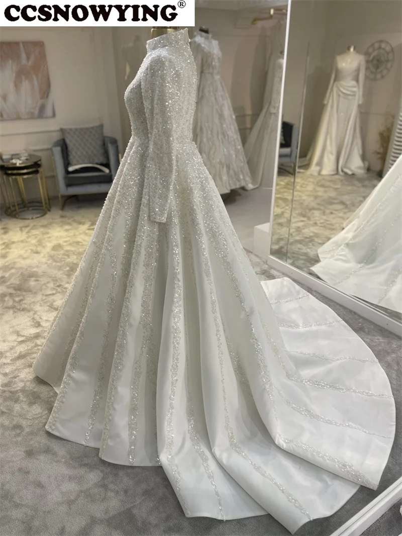 Luxo cetim apliques vestido de casamento para noiva manga longa alta pescoço dubai árabe hijab muçulmano vestido de noiva vestidos de novia