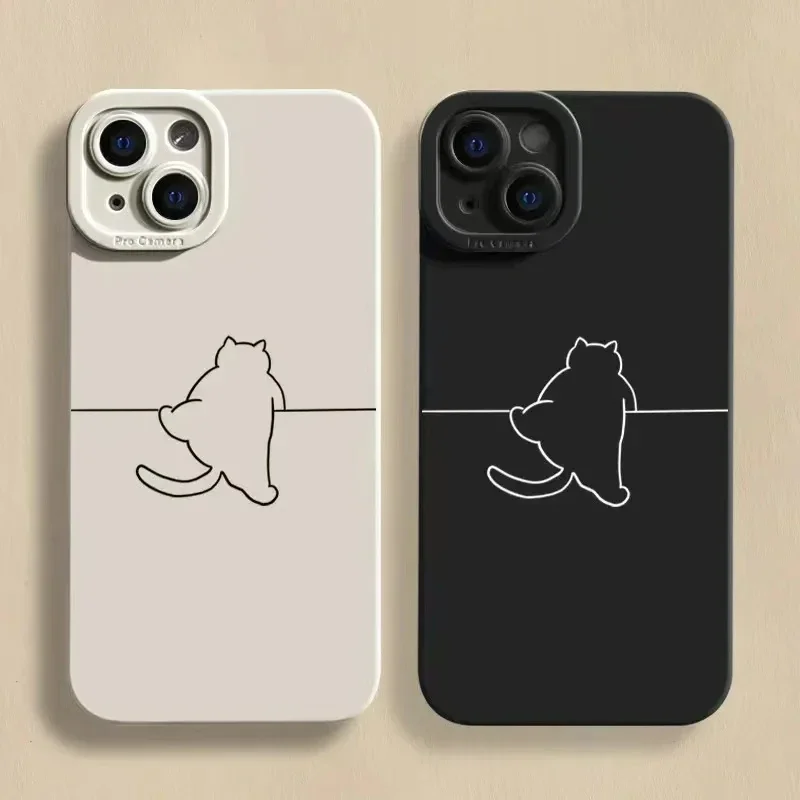 New Minimalist Cartoon Case For iPhone 11 12 13 14 15 Pro Max X XR XS 7 8 Plus SE 2 Kitten Shockproof Soft Silicone Bottom Cover