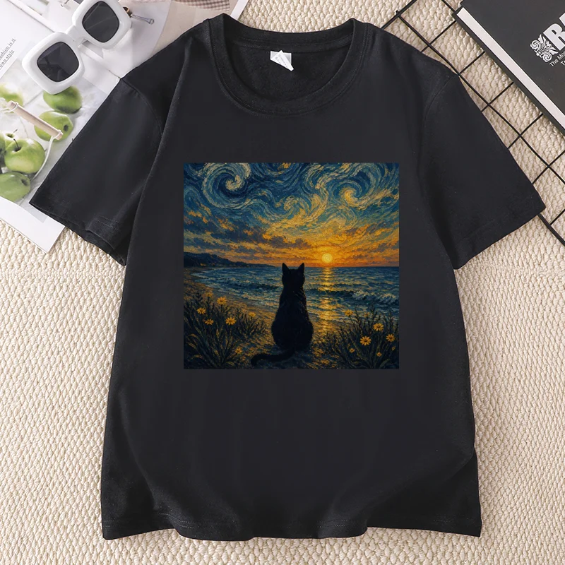 Summer Black Cat Graphic T Shirts Retro Ocean Sunset Cat Tee Van Gogh Cat Lovers T-shirt Men Women Causal Crewneck Tshirts