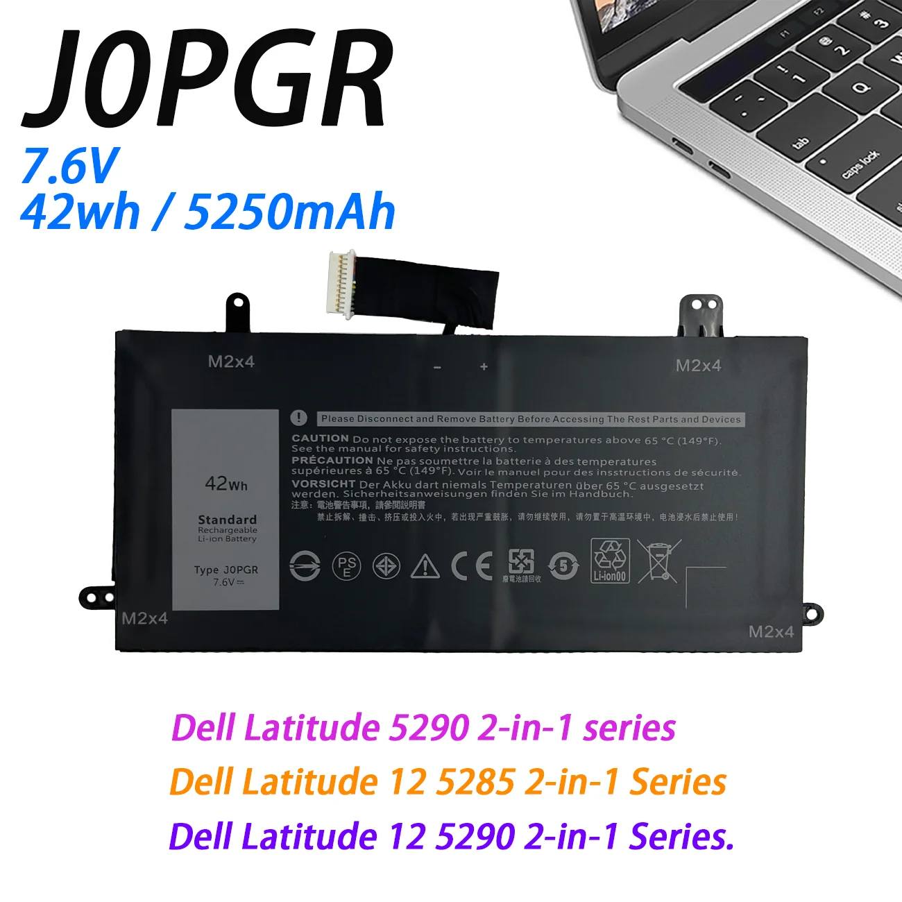 J0PGR Laptop Battery Replacement for Dell Latitude 12 5285 5290 2-in-1 T17G JOPGR 1WND8 X16TW 0X16TW 0FTH6F 7.6V 42Wh 4Cell