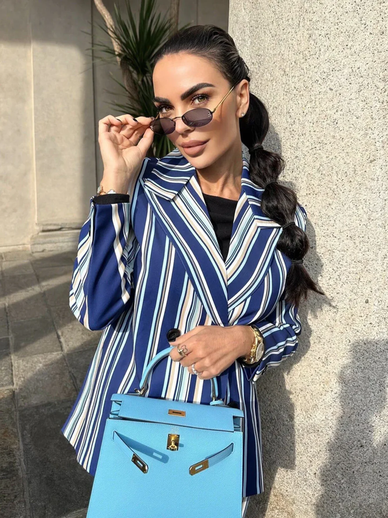 High Quality 2024 New Women'S Fashion Striped 2-Piece Set Sexy Long Sleeved Double Breasted Blazer+Flare Pants High Street Set