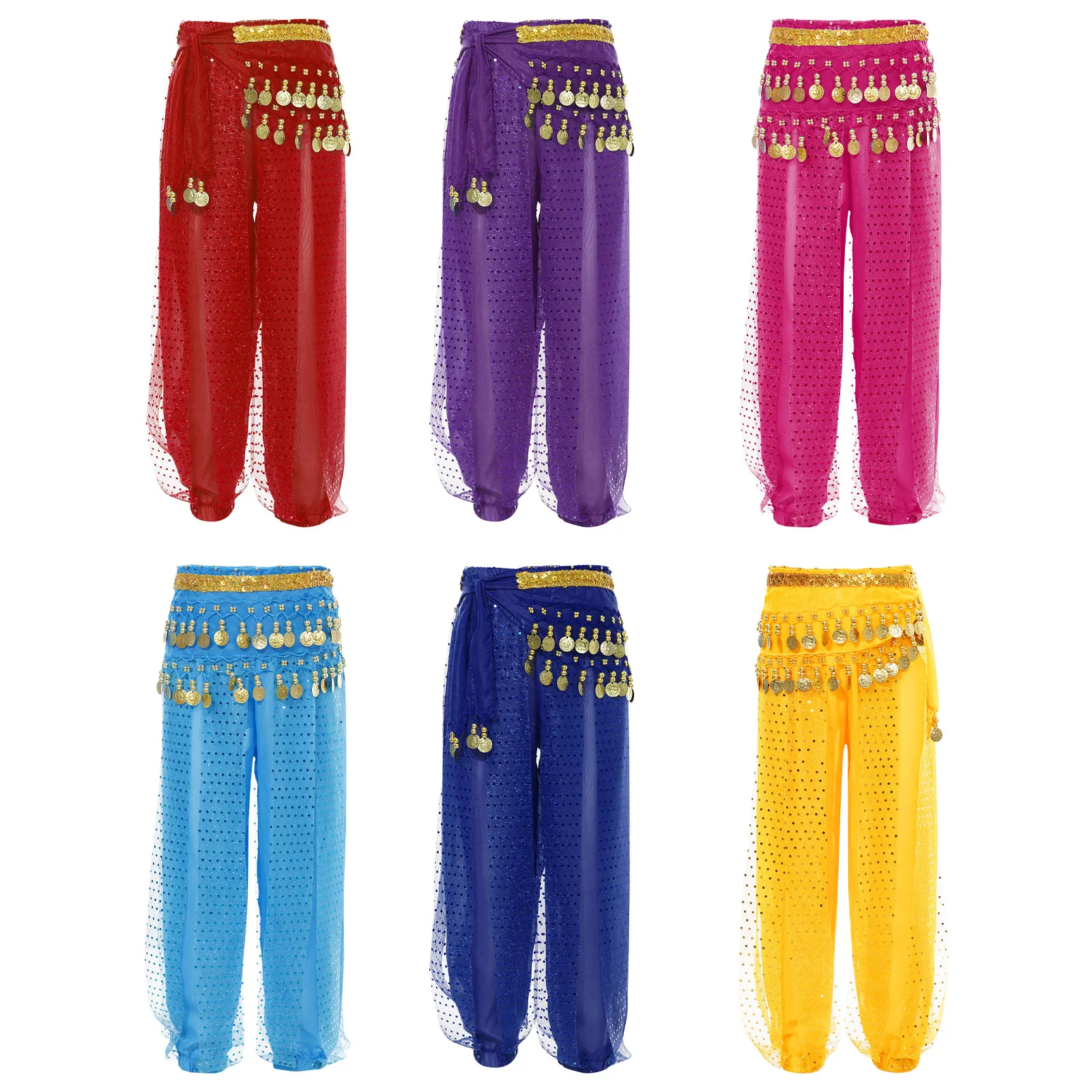 Kids Girls Belly Dance Performance Harem Pants Sequined Dots Chiffon Trousers Arabic Halloween Carnival Shiny Pants