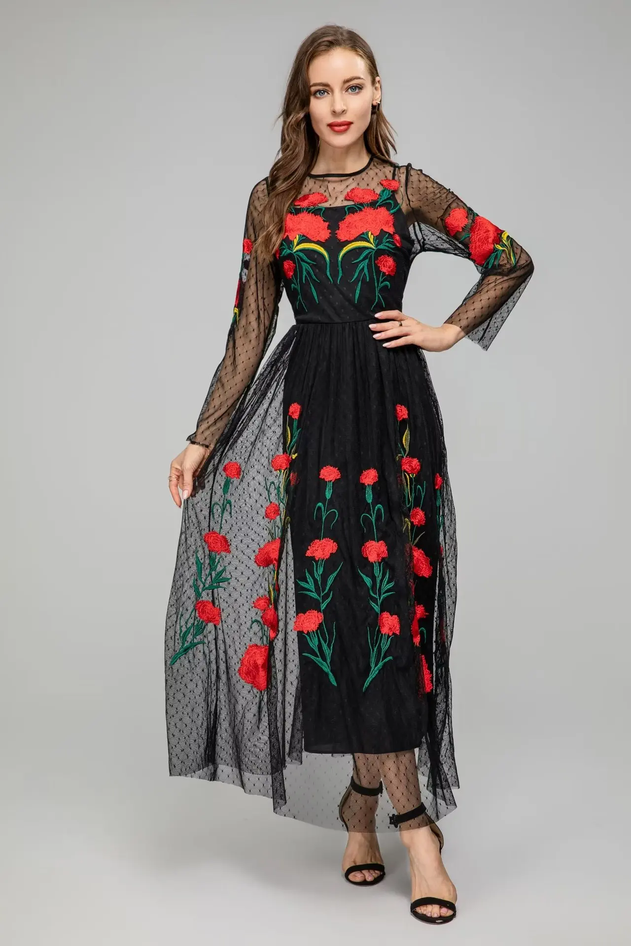 Vestidos femininos o pescoço mangas compridas bordado floral em camadas elegante moda maxi vestidos