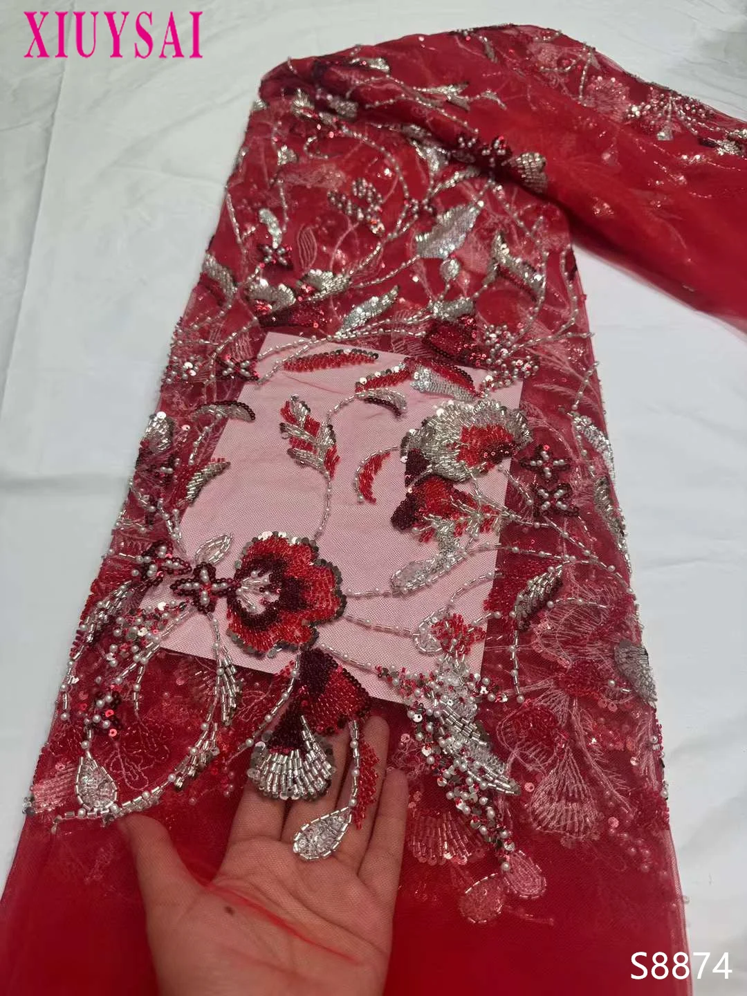 

Роскошная африканская сетчатая кружевная ткань с бисером, 2024 бусин, вышивка блестками, французское Тюлевое кружево для нигерийского свадебного платья