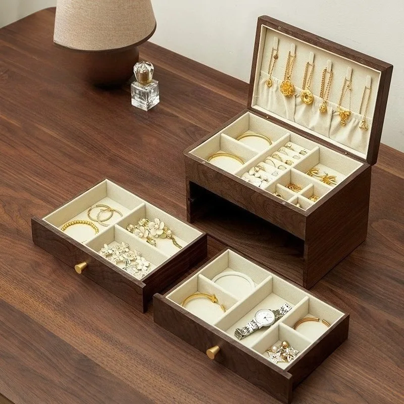 علبة مجوهرات خشبية كبيرة صندوق منظم المجوهرات المحمولة حلقة قلادة صناديق التخزين الرجعية سيدة القرط قلادة سوار الحالات