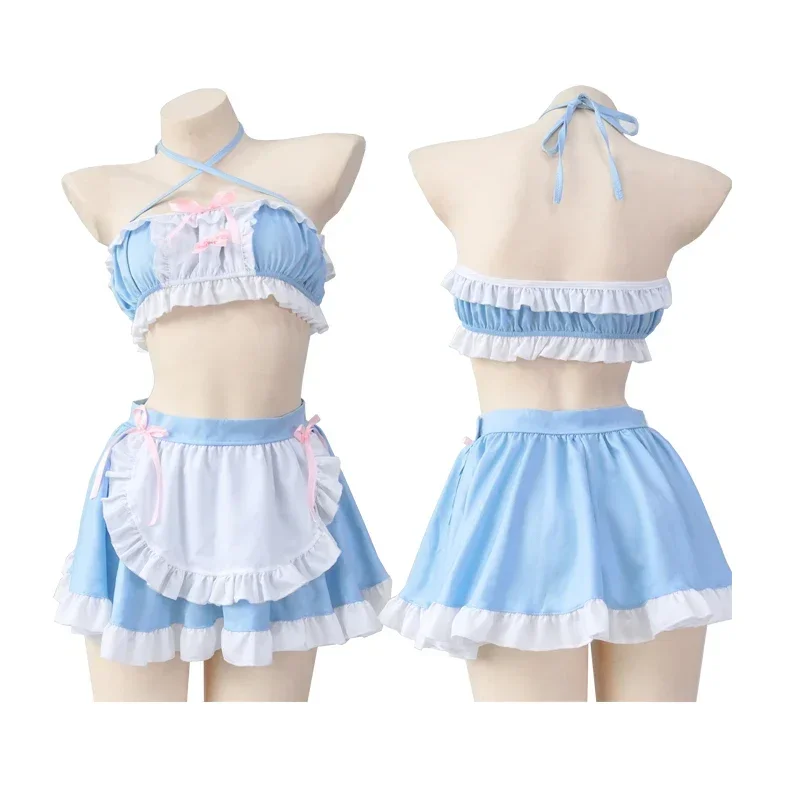 Sweet Lolita Girls Halter Blue White Ruffle Tube Top Skirt Set Cosplay Maid Uniform Backless Pajamas Pool Party Waiter Costumes