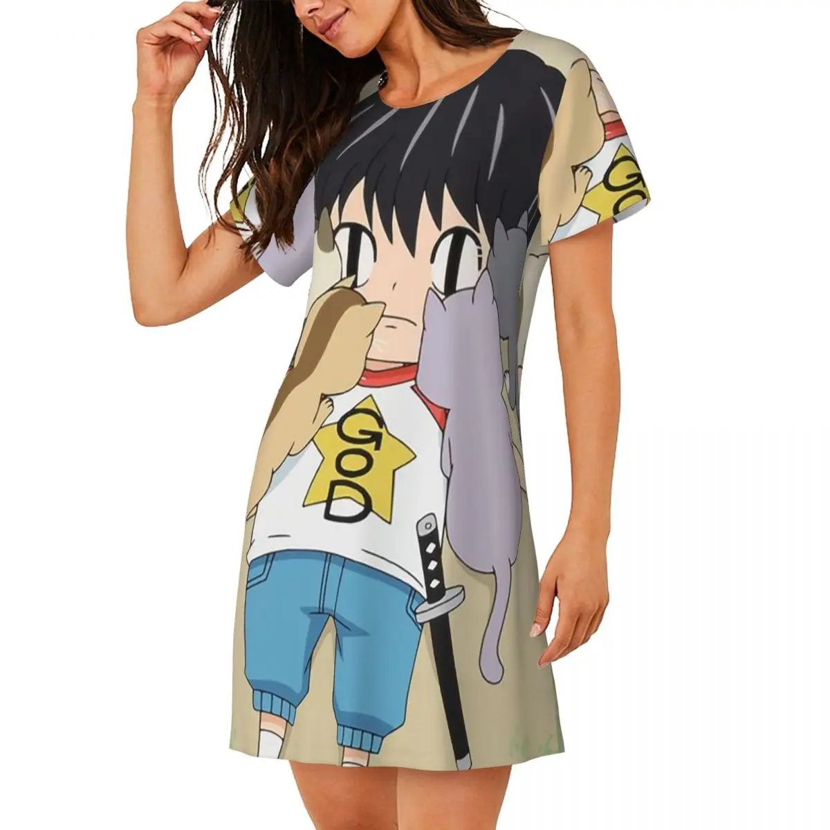 

Cute Anime Kotaro Lives Alone Short Sleeves Nightdress For Sleeping Sleepshirts Women Short Sleeve Nightgowns Soft Pajama Dress