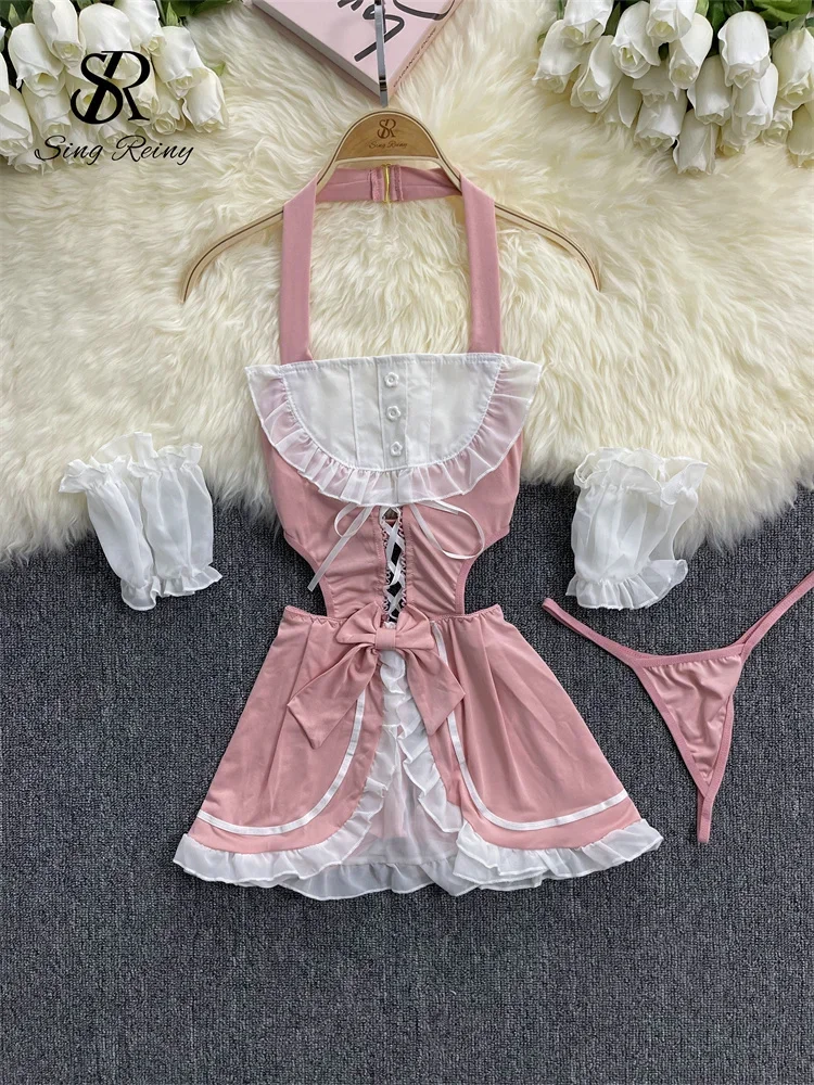 

SINGREINY Erotic Maid Uniform Halter Sexy Pajamas Set Fashion Lace Up Slim Nightwear Women Spliced Backless Porno Night Dress