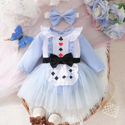 Baby Girl Spring and Autumn Long Sleeve Party Blue Lace Splicing Bow Printed Skirt