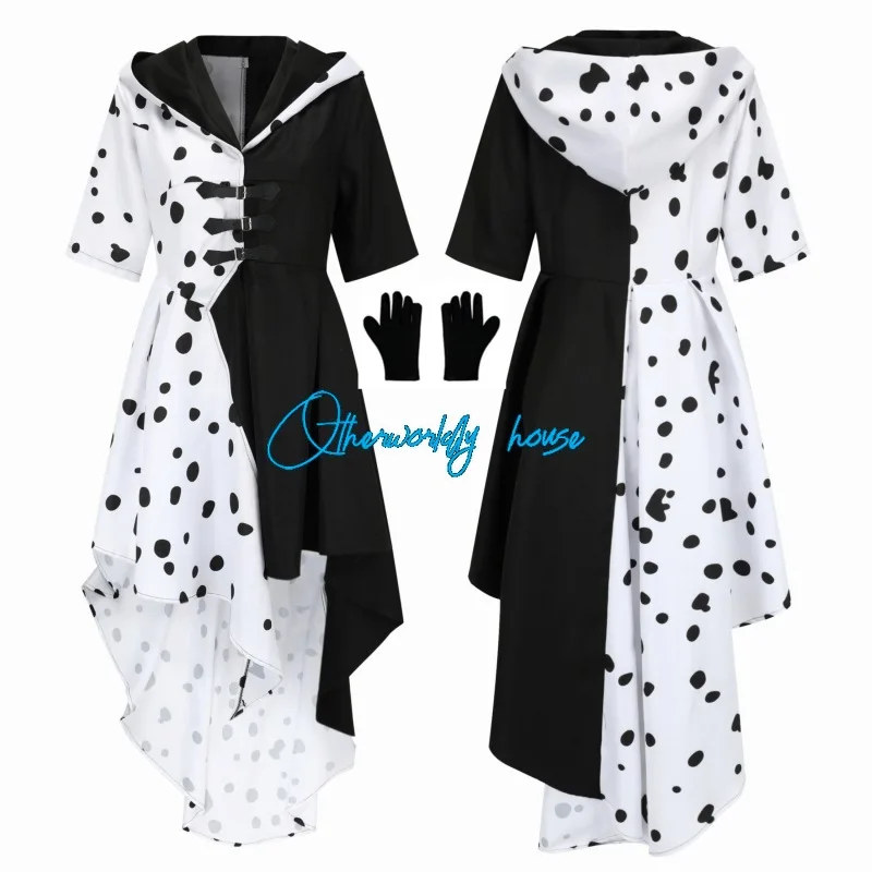 Cruella De Vil Cosplay Costume Girls Women Evil Madame Cruella De Vil Cosplay Black White Maid Dress Wig Halloween Party Costume