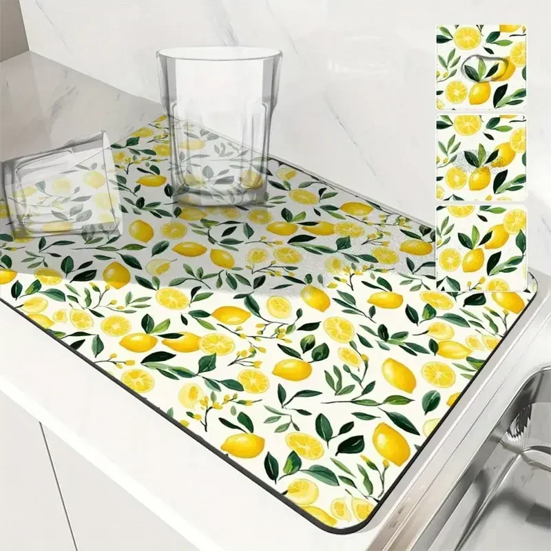 Lemon Print Waterproof Absorbent Dish Drying Mat Decor Multi Functional Kitchen Counter Dining Table Coffee Machine Pad