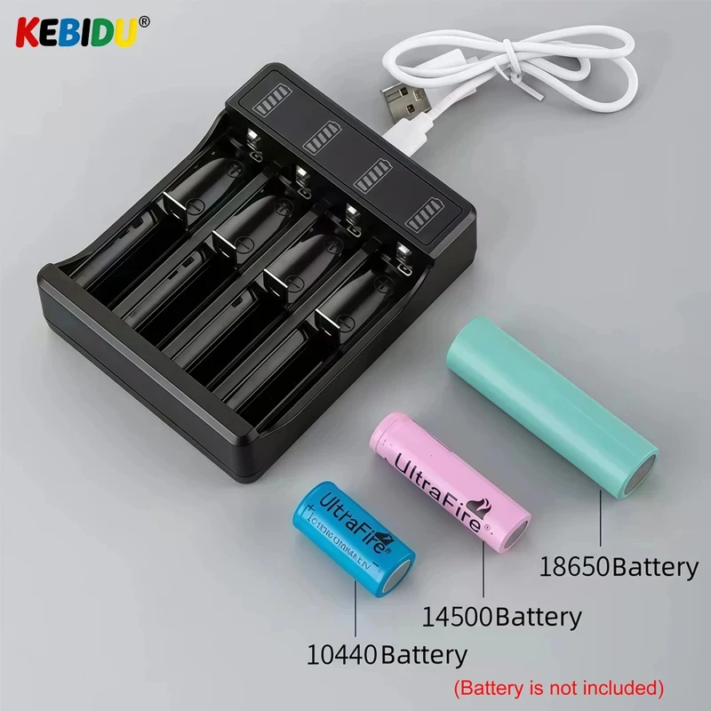 Carregador de Bateria Inteligente KEBIDU com 4 Slots USB DC 5V, Carregamento Independente para Baterias Recarregáveis 18650 14500 10440 16340 26650 3.7V