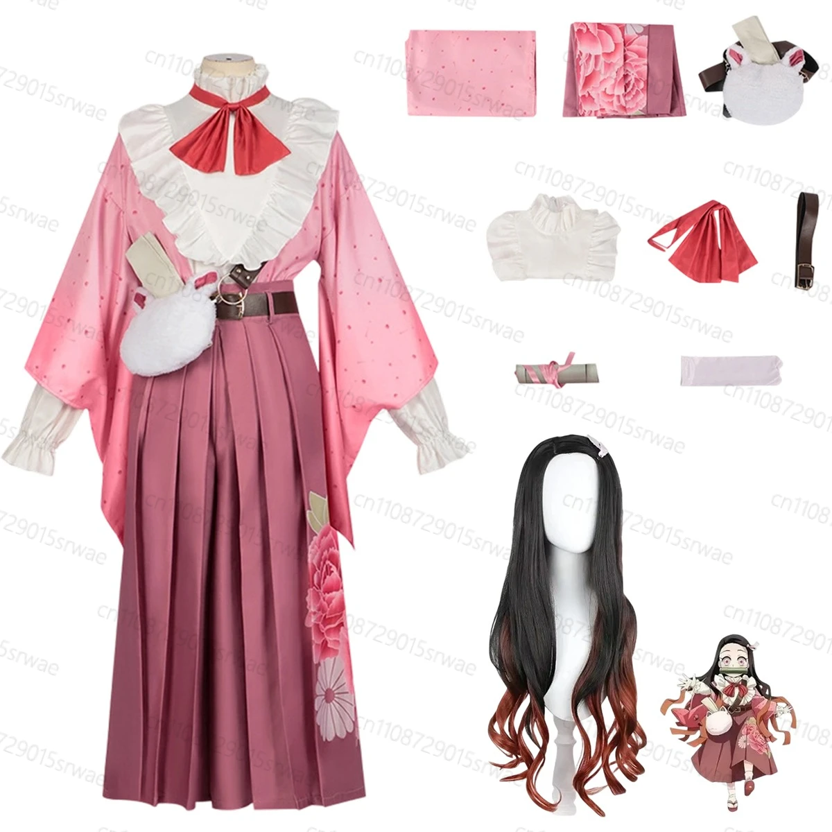 

2025 Anime Demon Killer Cosplay Costumes TKamado Nezuko Cosplay Pink Kimono Wig Full Set Costume Performance Uniform