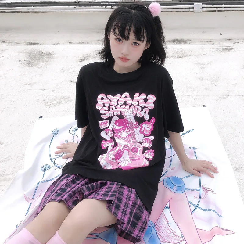 Y2k E-Girl Cartoon Anime Print Round Neck Loose Casual T-Shirt Women Summer Personalized Cool Short Sleeve Tee Casual Sport Tops