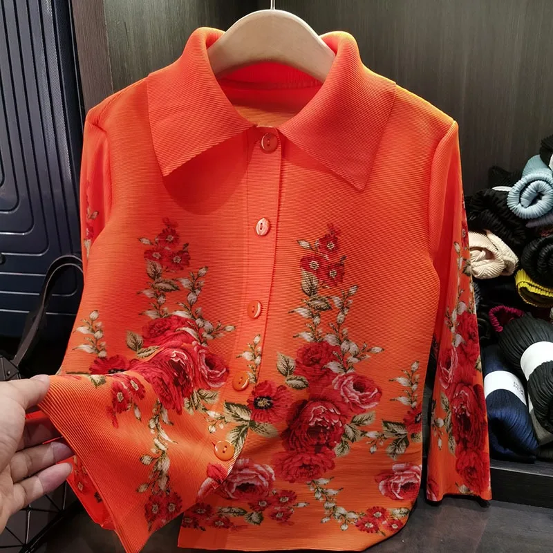 Miyake Pleated Shirt Senior Sense Fashion Lapel Jacket Women 2025 Spring New Commuter Flowers Printed Long-sleeved Pleated Tops