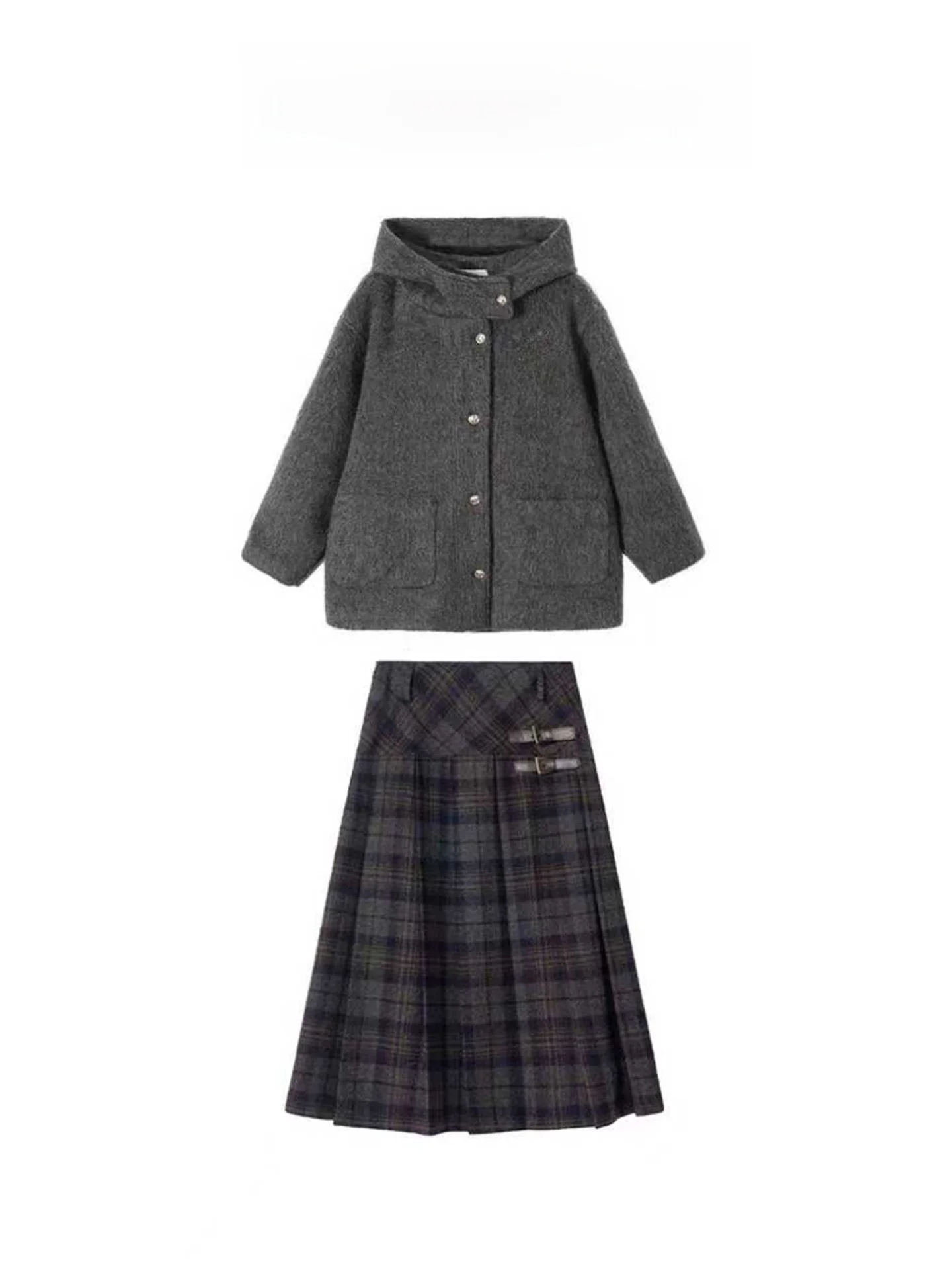 

Korean Retro Plaid Skirt Set Women's Autumn Winter Lazy Sle Hooded Woolen Jaet High Waist f Length Long Skirt