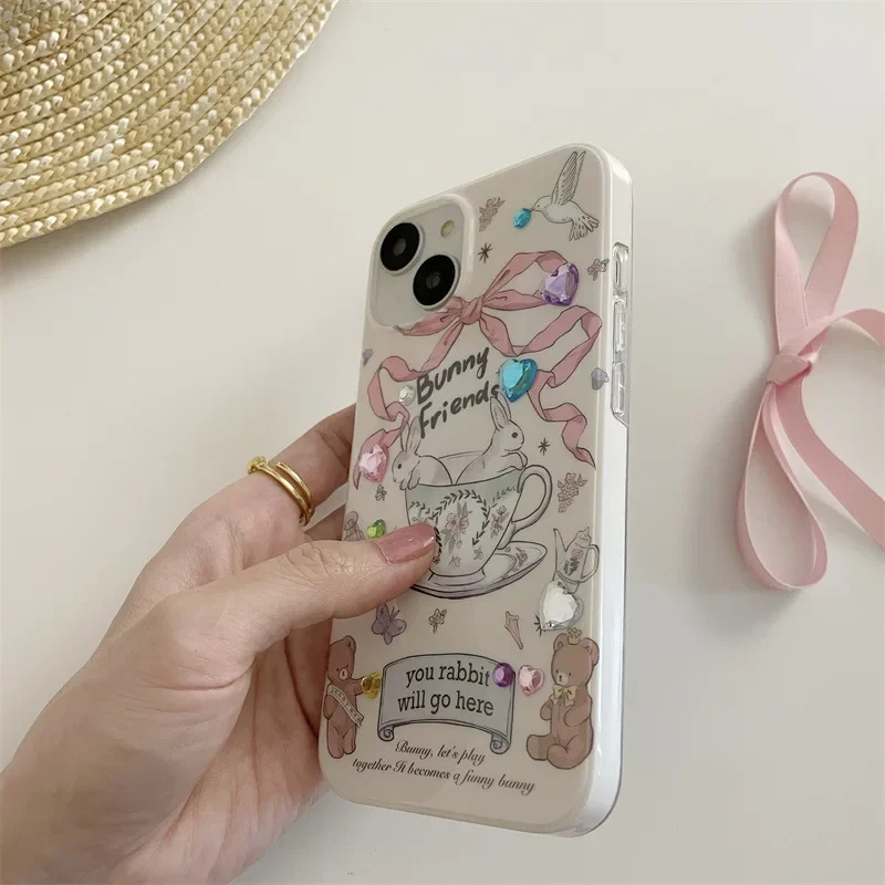Retro Pink bow tie Porcelain teacup rabbit rhinestone art Phone Case For iPhone 16 15 14 13 12 Pro Max Case Cute cartoon Cover image 3