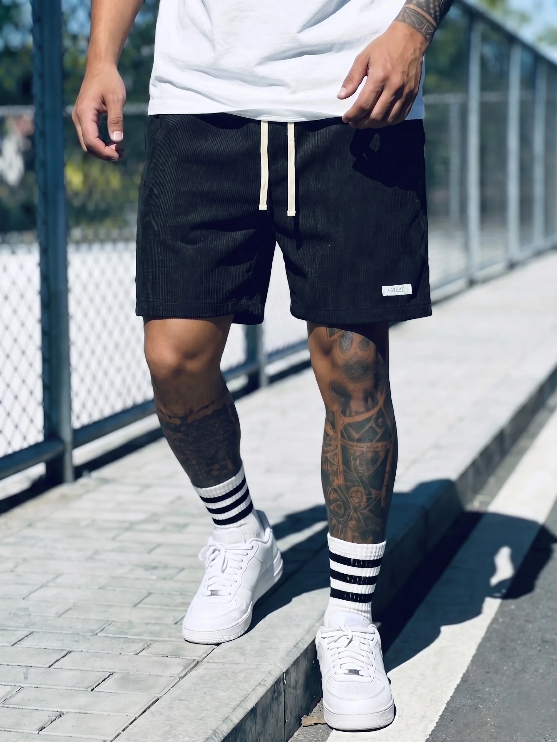 Men Corduroy Textured Drawstring Sweat Shorts, Elastic Waist Loose Knee Length Summer Daily Street Casual Sport Jogger Shorts