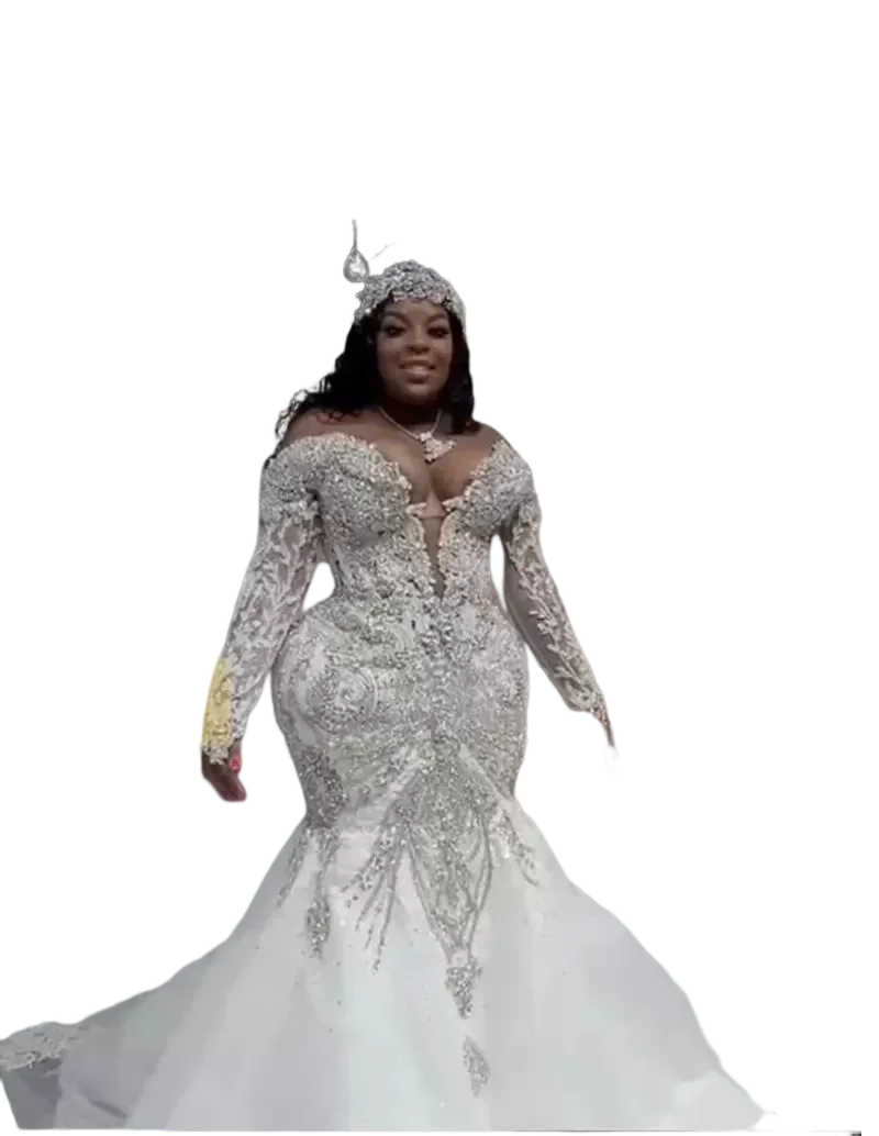 Customized  Scoop Neckline African Nigeria Lace Bridal Gowns  Vestido De Noiva Plus Size Garden Long Sleeves Wedding Dress