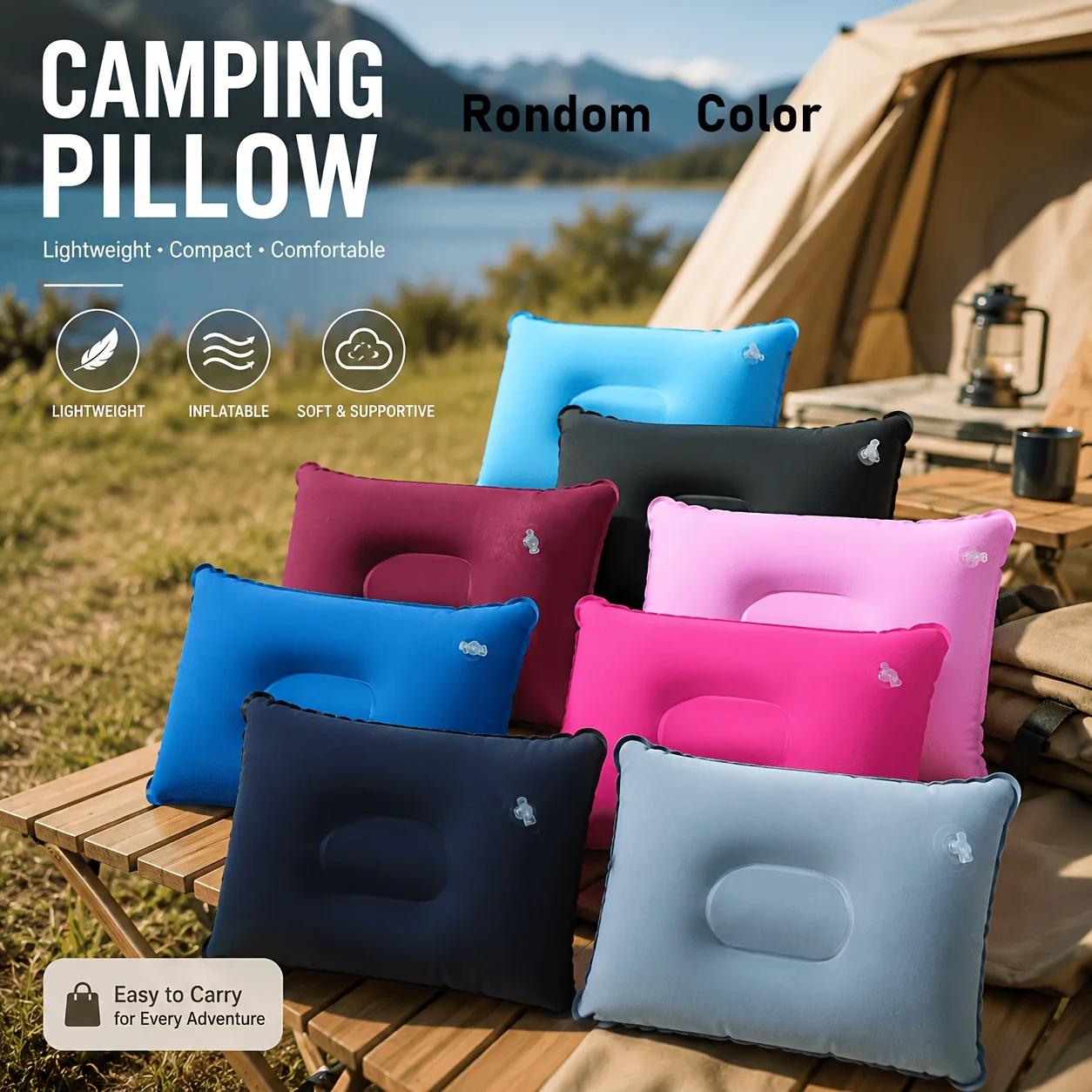 Set of 5 Assorted-Color Inflatable Travel Pillows with Storage Bag; Portable Inflatable Pillows Provide Support for The Neck