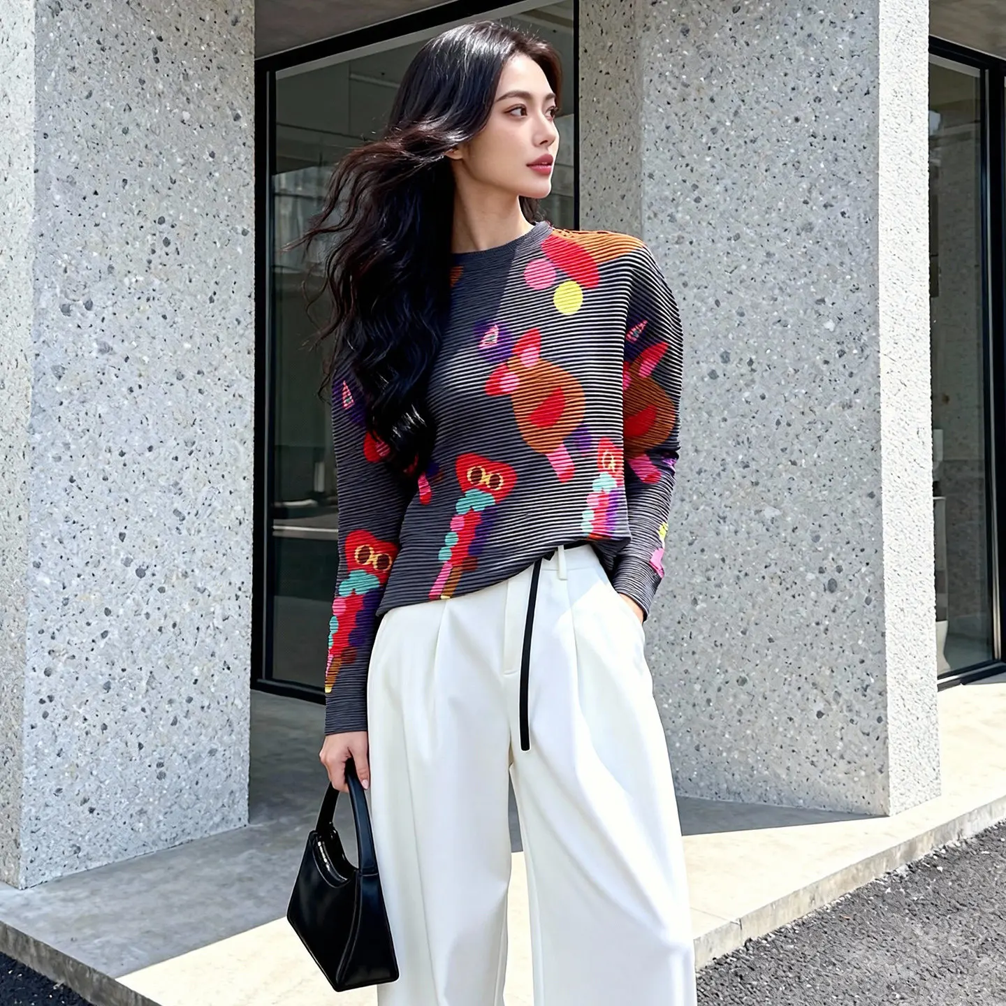 

Miyake Fashion Pleated Women T-shirt New 2026 Print Stand Collar Long Sleeve Silm Casual Female Versatile Spring Tops